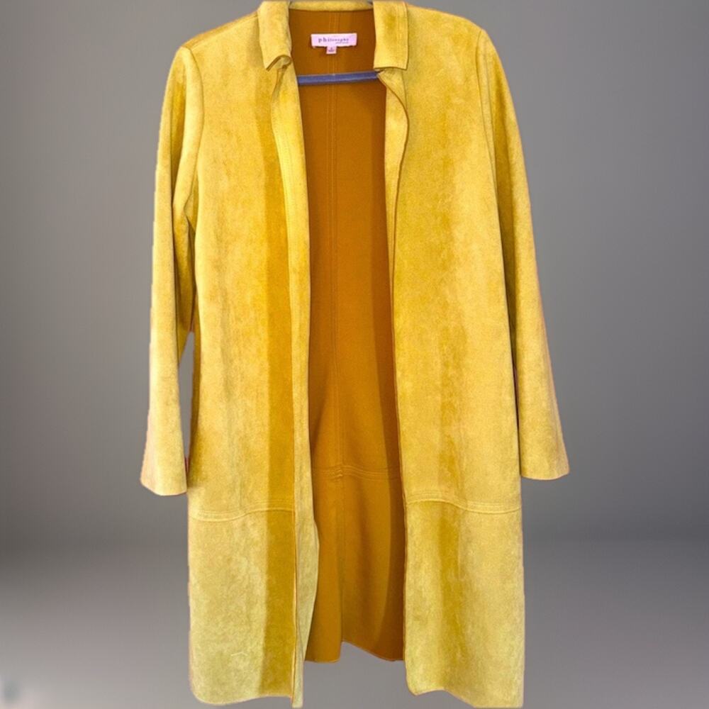 Philosophy Jacket Faux Suede Leather Mustard Yellow Duster Collar Pockets Open L